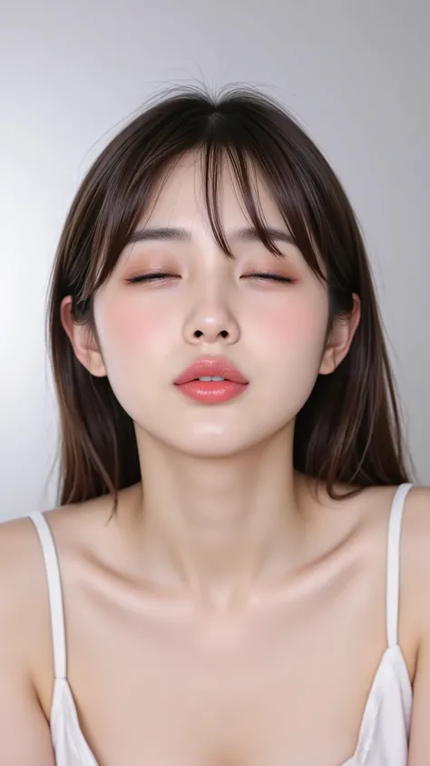 Japanese girls, fits in the frame from the neck to the top of the head, cute camisole, Extremely pouty lips, Tightly pursed, round shape, Lips exaggeratedly thrust forward, Kissing face with full lips, glossy, plump, pale pink lips, Lips as main focus, wit...