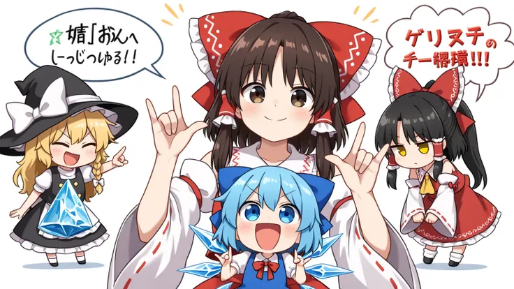 Touhou Project characters, mini characters, chibi characters, three Touhou Project characters (Hakurei Reimu, Kirisame Marisa, Cirno), artwork based on the song Cirno's Perfect Math Classroom. Cirno is stabbed in the finger by Hakurei Reimu and Kirisame Marisa, who then curse her with a "BA-KA" manga-style speech bubble comment. Cirno appears angry. The background wallpaper depicts the letters "1 2 ⑨" scrolling horizontally. (Hakurei Reimu's wearing, hair bow , bow , detached sleeves , closed eyes , hair tubes , open mouth , red bow , smile , brown hair , ascot , ^_^ , blush , ponytail , simple background , :d , white background , bare shoulders , parody , \m/ , upper body , pinky out , pointing , wide sleeves , long hair , ribbon , skirt set , shirt , laughing , hair ribbon , double \m/ , happy , long sleeves , short hair , black hair , red skirt , skirt), BREAK(Kirisame Marisa's wearing, blonde_hair , long_hair , hat , witch_hat , bow , yellow_eyes , braid , single_braid , hat_bow , smile , hair_bow , white_bow , bangs , black_headwear), BRESK(Cirno's wearinng, short_hair , hair_bow , wings , blue_eyes , ice , ice_wings , blue_bow , ribbon, bangs , blue_dress , blush , closed_mouth , collared_shirt , dress , looking_at_viewer , puffy_short_sleeves , puffy_sleeves , red_bow , shirt , short_sleeves , simple_background , white_background , white_shirt , bowtie , red_bowtie ), 