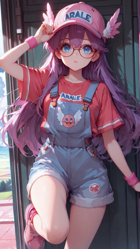 score_9, score_8_up, score_7_up, masterpiece, source_anime, 1girl,solo, arale,glasses, long hair, purple hair, pink winged baseball cap, blue eyes,overalls,red shirt, short sleeves,pink shoes,solo
