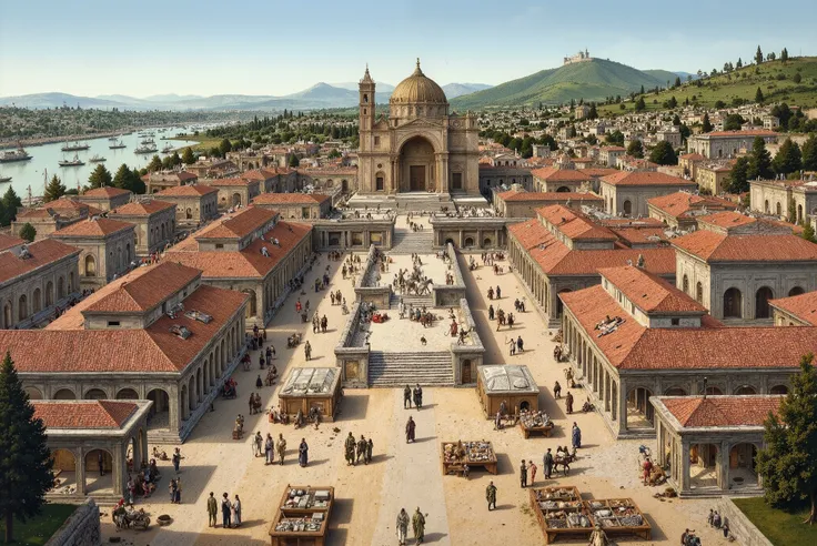 A panoramic view of ancient Antioch in the 3rd century AD, located in Roman Syria. The city is bustling with life, featuring Roman architecture, colonnaded streets, red-tiled roofs, and a large central basilica. Citizens in tunics and cloaks walk along sto...