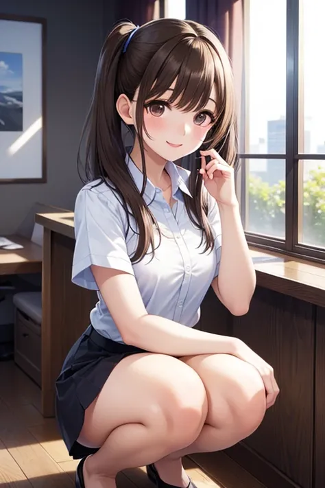 1girl, solo, Riyo Kumagai, , Micro Miniskirt, 

squatting、office casual, twin tails,Her hair shakes gently, 
Background: office rooms while working at the company, Cinematic lighting using soft focus and lens flares, bright color, 
(masterpiece, detail:1.2), Super Detailed, 16K resolution, high resolution, high quality, Highest Quality,,,、 
,，, 




,( masterpiece, best quality, high resolution, ultra high resolution, pixel perfect, depth of field, 4K, RTTX10.0),
、Anegasaki Nene, love plus、shiny brown hair, beautiful brown eyes, smiling face, , (fine grain), , highly detailed face,, (masterpiece:1.2, best quality), ((solo,only1 girl)), ((cowboy shot))