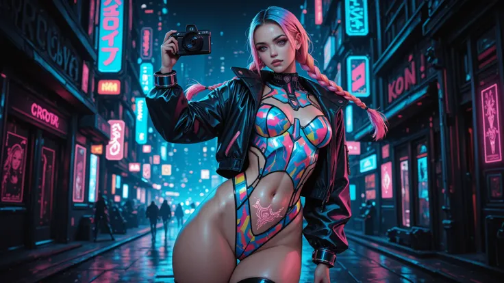 (Photorealistic:1.4) image of a cyber punk girl, (top-quality, 8K, 32K, masterpiece), (dynamic pose), ((facing camera)), (looking at camera), cowboy shot, shapeless hair, colorful hair, colorful cyberpunk clothing, depth of field f/1.8, cyberpunk city back...