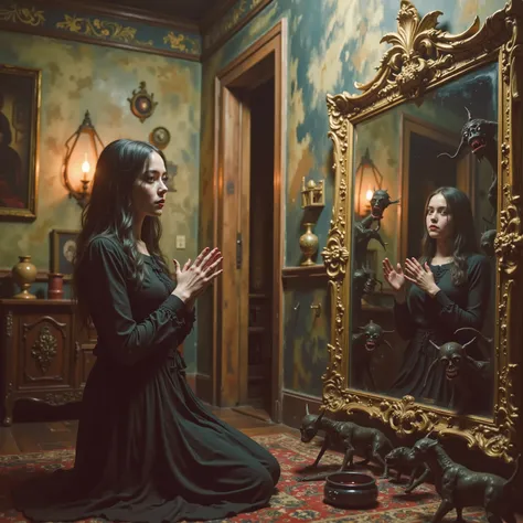 A young woman with long, dark flowing hair kneels in front of an ornate, gilt-framed mirror, creating an atmosphere of mystery and introspection. The room is luxuriously decorated with richly patterned tapestries and warm wooden elements. A single lamp enc...