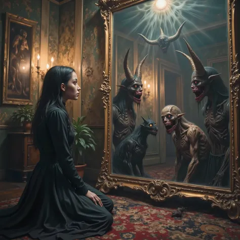 A woman in a black dress kneels on an intricately patterned, red and blue carpet. Her long dark hair flows down her back as she gazes into an ornate, gilt-framed mirror. Reflected within the mirror are eerie, horned creatures. The central figure, with its ...
