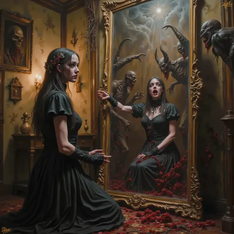 A woman dressed in a flowing black gown and laced gloves kneels on a richly patterned carpet in an ornately decorated room. Her hair is adorned with deep red flowers, creating a striking contrast against her dark attire. She extends her hand towards an ela...