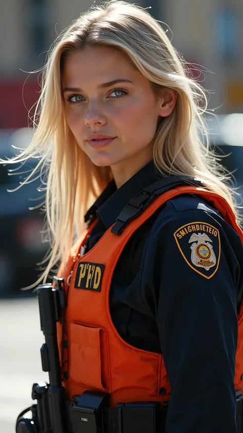 High Definition Images、 Female 1、American beauty、so beautiful、facial beauty、blue eyes、standing、NYPD uniform、SWAT member、orange bulletproof vest、 blond hair、Midday City、 backlit、 the wind is blowing 、hug Smith and Wesson、he's staring his muzzle into the cam...