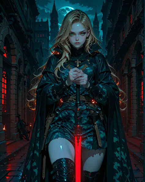 Full-body dark fantasy anime-style illustration. A beautiful vampire huntress with pale skin, long wavy golden-blonde hair flowing in the night breeze, and piercing emerald-green eyes stands in a threatening, defiant pose. She wears form-fitting blue camou...