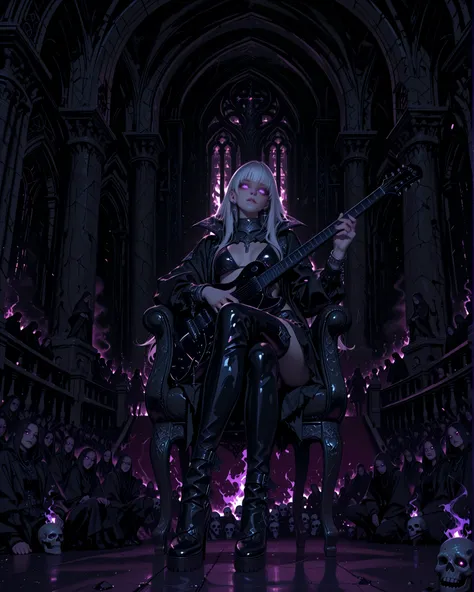 Gothic fantasy anime-style illustration. A pale-skinned gothic girl with long, flowing white hair and piercing eyes sits confidently on a black barstool at the center of a dark, eerie concert stage. She wears a black leather bikini with silver chains and l...