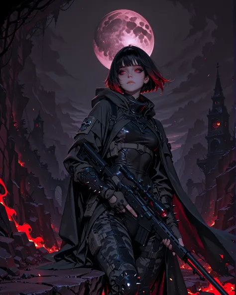 Full-body gothic fantasy anime-style illustration. A pale-skinned gothic girl with a sleek black bob haircut featuring subtle dark gray camo-like highlights sits poised on a rocky cliff under the cold glow of a massive full moon. She wears tactical gothic ...
