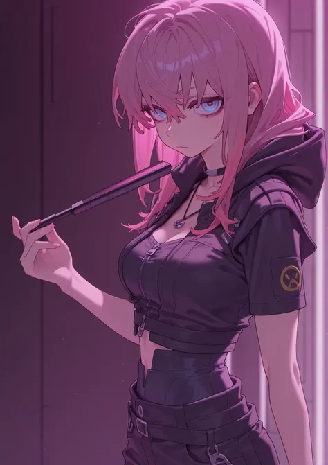 Gachiakuta, (close up), a girl, alone, medium breasts, looking at the viewers, long hair, light eyes, Eternal, multicolored hair, pink hair, necklaces, black shezfe with a hood, black pants, fan in hand, fan in hand, cropped jacket, pockets, cyberpunk char...
