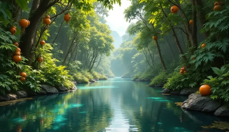 beautiful forest jungle with fruit trees, crystal clear blue, water pond, warm tone, 32K UHD, hyperrealistic, cinematic scene, blockbuster dynamics, Raw Image