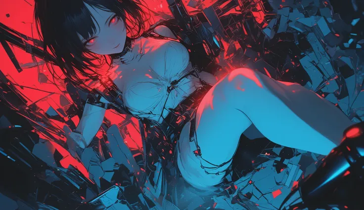 High Angle and Strong Fisheye Perspective, The expression and outfit are 、. Shadows at your feet、white dress , The background is ruins、 is anatomically accurate、anime pure white skin Sexy Women pretty girl big boobs Red Flame blue light Cyberpunk
