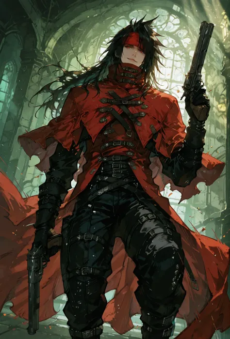 (score_9,score_8_up,score_7_up),((MAN, 1 MAN, VINCENT VALENTINE , FINAL FANTASY VII, VINCENT full clothers, WITH A RED BROKEN CLOACK, WITH GUN REVOLVER,)), ,,extremely detailed,dynamic lighting,best quality,,,best quality,high quality,, , dynamic angle, , ...