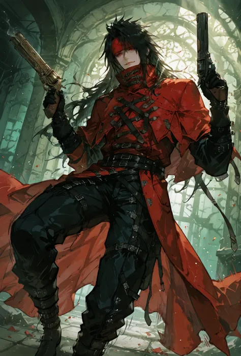 (score_9,score_8_up,score_7_up),((MAN, 1 MAN, VINCENT VALENTINE , FINAL FANTASY VII, VINCENT full clothers, WITH A RED BROKEN CLOACK, WITH GUN REVOLVER,)), ,,extremely detailed,dynamic lighting,best quality,,,best quality,high quality,, , dynamic angle, , ...