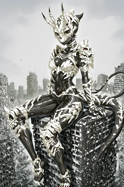 Reptilian girl. Kaiju. Monster X. Black bodysuit. Skeleton mask. Black eyes. Red pupils. Horn on the forehead. White bone armor. Shoulder armor. Sharp claws. Slender body. Thighs. Tail. Sitting on a building. Asymmetrically posed legs. A city in the distan...