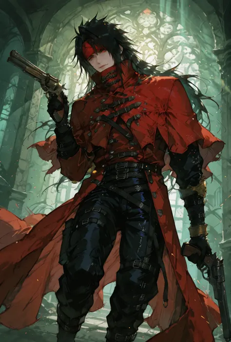(score_9,score_8_up,score_7_up),((MAN, 1 MAN, VINCENT VALENTINE , FINAL FANTASY VII, VINCENT full clothers, WITH A RED BROKEN CLOACK, WITH GUN REVOLVER,)), ,,extremely detailed,dynamic lighting,best quality,,,best quality,high quality,, , dynamic angle, , ...