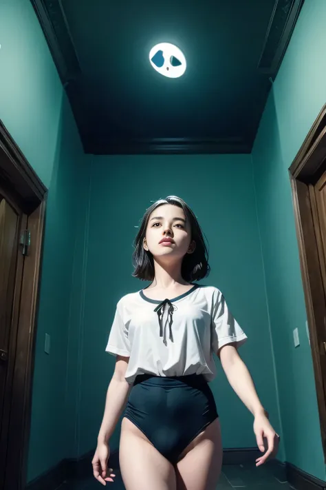 (masterpiece, highest quality), (night's ghost mansion), One Girl, young teen, Black gymnastics bloomers, High leg、white blouse, walking in night ghost house、Anxious expression, Emotional, Wide-angle, dark, Best Shadow, watercolor,ghost、devil、Death Strike...