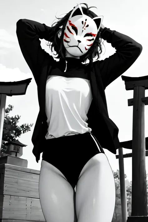 monochrome,anbu,1girl,medium hair,black hair,wearing a black gymnastics bloomers,highleg,self wedgie,white blouse,standing,torii,solo,