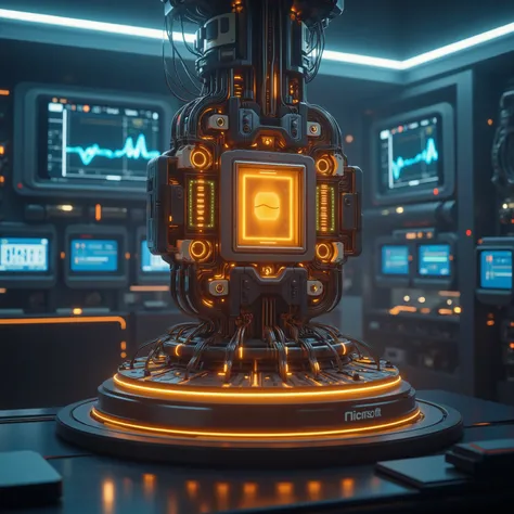 Ultra-realistic, photo-realistic, ultra-detailed, cinematography, realism, full focus, UHDR, hyperrealistic, 3D Rendering.     In a futuristic laboratory setting, a mesmerizing quantum computer stands at the center of the image. This intricately designed d...