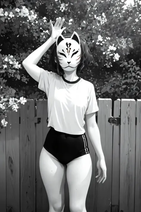 monochrome,anbu,1girl,medium hair,black hair,wearing a black gymnastics bloomers,highleg,self wedgie,white blouse,standing,torii,solo,