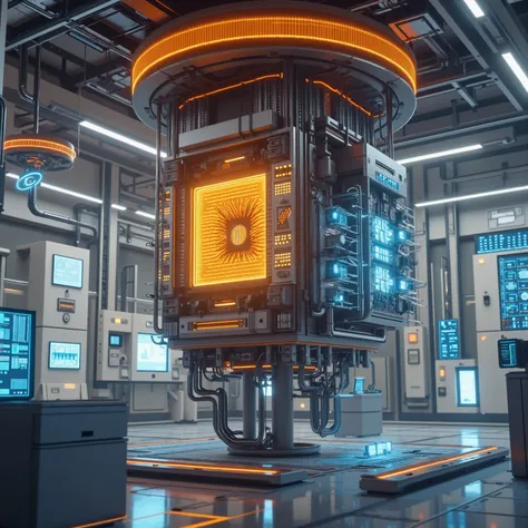 Quantum computing masterpiece: Advanced laboratory housing next-generation quantum processor, bleeding-edge technological visualization.

Core Technology Elements:
- Ultra-modern quantum computer with glowing orange core
- Elevated metallic platform with i...
