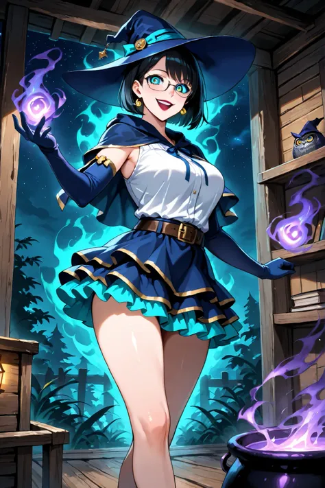  (masterpiece, vibrant colors), solo, 1girl, adult woman in their early thirties, black hair, short hair, bob cut, , earrings, kaa eyes, glasses, beautiful body, sleek legs, lipstick, breasts, (blue witch's hat, wide brim, ribbon decorations),  white sleev...