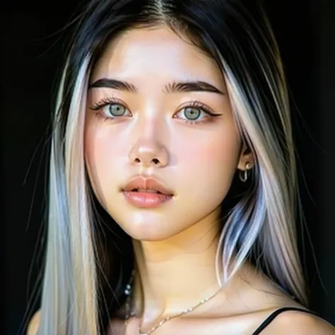 portrait of a beautiful young woman named Luna Vex, consistent face and body, silver-black gradient long straight hair, light bronze skin, large gray-violet eyes, delicate eyeliner and glossy lips, slim hourglass figure, ultra realistic 8k, highly detailed...