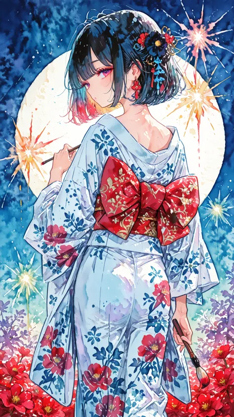 Cute,(((Watercolor-style))),(((Watercolor))),((no-outline)),((no- borders)),Blurred,,beautiful woman, painting fireworks in the night sky, holding a palette in left hand, holding a brush in right hand, wearing white yukata with large black flower patterns,...