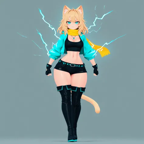 masterpiece, ultra-HD, impressionism, high detail, best quality, very aesthetic, 8k, best quality, beautiful, VRChatStyle, 3D, 1girl, solo, short messy blonde hair, turquoise eyes, slit pupils, cat ears, cat tail, sharp fangs, medium breasts, narrow waist,...