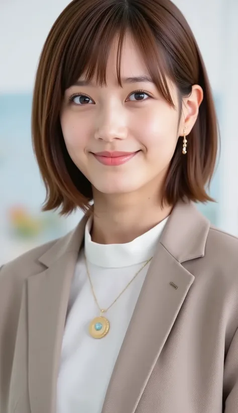 Neat Young Woman、looking at the camera、office lady suit、jacket、shirt、necklace、Ear piercings、、、Bust Up Shot、necklac、、The background is office
