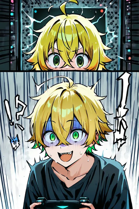 ((solo)), ((one boy)), short hair, blonde hair, green inner hair, green eyes, hollow eyes, (@_@), black shirt, collard shirt, ahoge, ((hairs between eyes, crossed bangs:1.3)), sharp tooth, white background, open mouth, ((surprised)), ((smile)), ((panicking...
