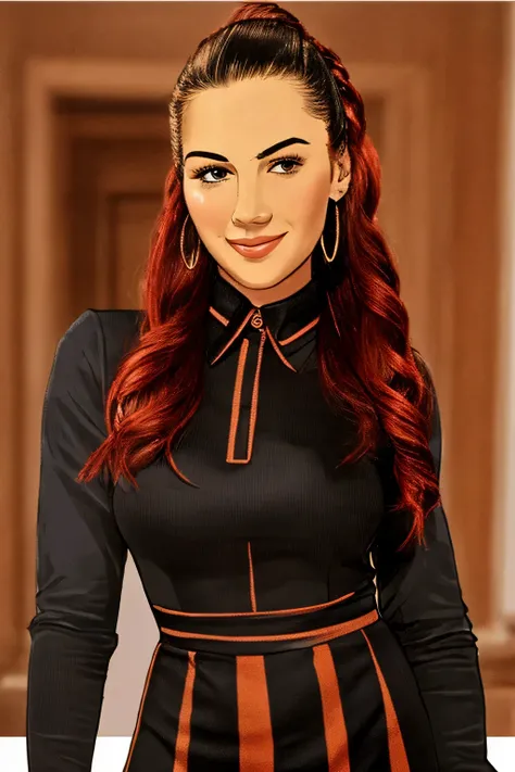 An attractive 31-year-old tall, leggy, 6 ft 12" tall, ultralight skinned Caucasian female with redhead-colored completely colored Hair, oblong-shaped female head, wearing A tight, form-fitting long sleeve collared, buttoned tartan striped maxidress, finish...