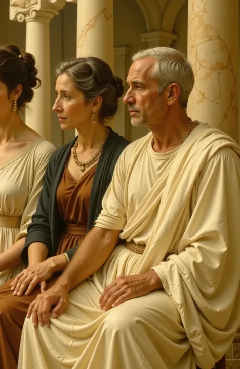 A refined scene set in ancient Antioch, depicting an elderly couple in their 60s. The man wears a senatorial toga, and the elderly woman is adorned with fine jewelry and a richly colored dress. They are seated in a luxurious Roman atrium with marble column...