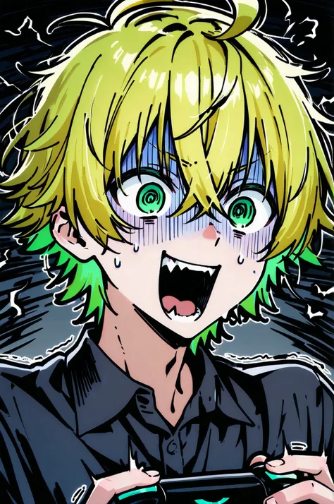 ((solo)), ((one boy)), short hair, blonde hair, green inner hair, green eyes, hollow eyes, (@_@), black shirt, collard shirt, ahoge, ((hairs between eyes, crossed bangs:1.3)), sharp tooth, white background, open mouth, ((surprised)), ((smile)), ((panicking...
