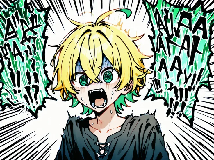 ((solo)), ((one boy)), short hair, blonde hair, green inner hair, green eyes, hollow eyes, (@_@), black shirt, collard shirt, ahoge, ((hairs between eyes, crossed bangs:1.3)), sharp tooth, white background, open mouth, ((surprised)), ((screaming)), ((panic...