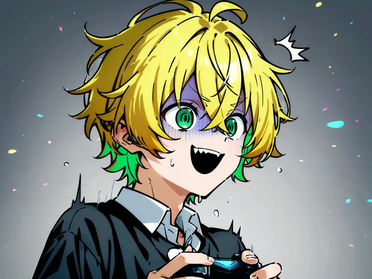 ((solo)), ((one boy)), short hair, blonde hair, green inner hair, green eyes, hollow eyes, (@_@), black shirt, collard shirt, ahoge, ((hairs between eyes, crossed bangs:1.3)), sharp tooth, white background, open mouth, ((surprised)), ((smile)), ((panicking...