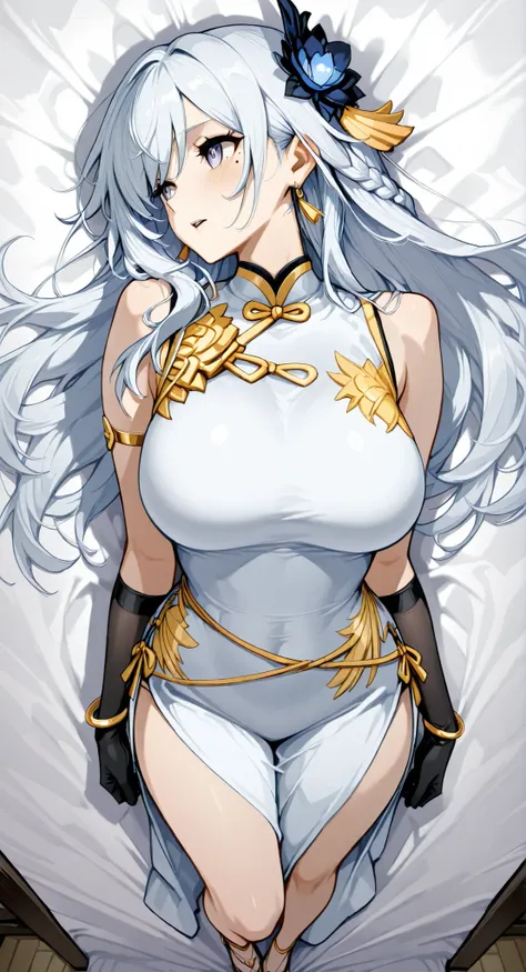 mole under eye、Armlet for left arm、bracelet for right wrist、sleeveless china ,anime girl Picture of a woman with long white hair and a flower in her hair, gray hairの deity, Anime Goddess, gray hairの, gray hairの lady, gray hair, Zodiac knight portrait girl ...