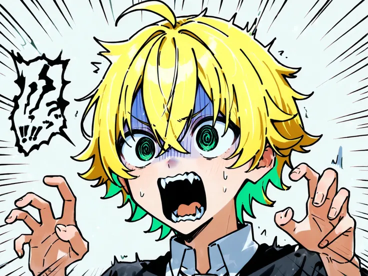 ((solo)), ((one boy)), short hair, blonde hair, green inner hair, green eyes, hollow eyes, (@_@), black shirt, collard shirt, ahoge, ((hairs between eyes, crossed bangs:1.3)), sharp tooth, white background, open mouth, ((surprised)), ((screaming)), ((panic...