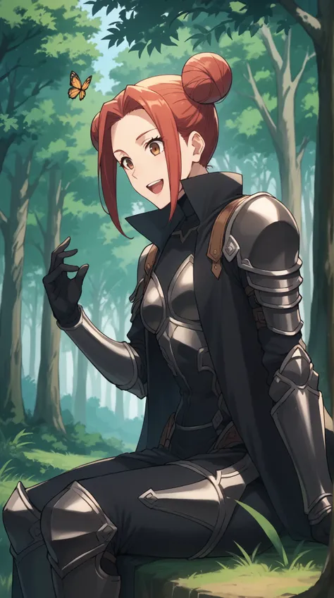 score_9,score_8_up,score_7_up,score_6_up, source_anime, girl, dynamic pose, butterfly sitting, akari_shimizu_sl, red hair, double bun, parted hair, hair intakes, brown eyes, black coat, black armor, high collar, black gloves, black armguards, forest, vege...