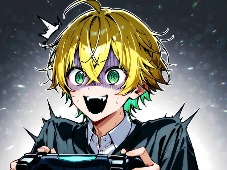 ((solo)), ((one boy)), short hair, blonde hair, green inner hair, green eyes, hollow eyes, (@_@), black shirt, collard shirt, ahoge, ((hairs between eyes, crossed bangs:1.3)), sharp tooth, white background, open mouth, ((surprised)), ((smile)), ((panicking...