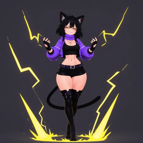 masterpiece, ultra-HD, impressionism, high detail, best quality, very aesthetic, 8k, best quality, beautiful, VRChatStyle, 3D, 1girl, solo, short messy black hair, yellow eyes, slit pupils, cat ears, cat tail, sharp fangs, medium breasts, narrow waist, wid...