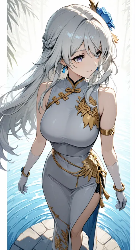 mole under eye、Armlet for left arm、bracelet for right wrist、sleeveless china ,anime girl Picture of a woman with long white hair and a flower in her hair, gray hairの deity, Anime Goddess, gray hairの, gray hairの lady, gray hair, Zodiac knight portrait girl ...