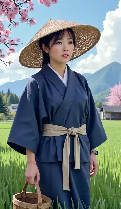 300 years ago in rural Japan, a young woman in a simple indigo yukata tending to rice fields, straw hat shading her face, wooden bucket in hand, cherry blossoms falling in the breeze, mountains in the distance, Canon DSLR Camera, realistic, 16k, masterpiec...