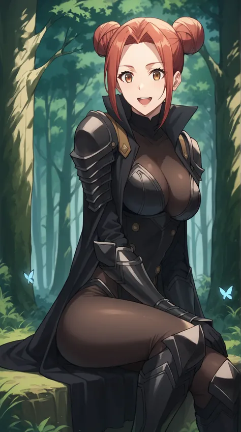 score_9,score_8_up,score_7_up,score_6_up, source_anime, girl, dynamic pose, butterfly sitting, akari_shimizu_sl, red hair, double bun, parted hair, hair intakes, brown eyes, black coat, black armor, high collar, black gloves, black armguards,large breasts...