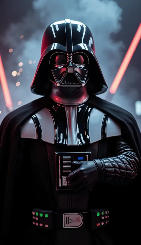 Ultra realistic 8K cinematic chest-up shot, Darth Vader with polished but slightly battle-marked helmet, red lightsaber glow illuminating his armor, dark mist swirling around, faint sparks in background, cinematic shadows and volumetric light beams.