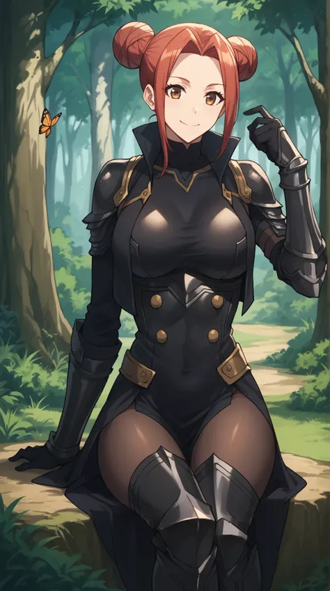 score_9,score_8_up,score_7_up,score_6_up, source_anime, girl, dynamic pose, butterfly sitting, akari_shimizu_sl, red hair, double bun, parted hair, hair intakes, brown eyes, black coat, black armor, high collar, black gloves, black armguards,large breasts...