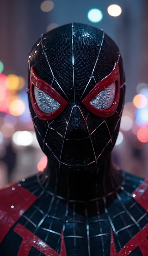 Ultra realistic 8K cinematic close-up from chest-up, Spider-Man in advanced upgraded suit with nano-texture details, wet surface from rain, neon city lights reflecting on mask, subtle lens glare in his eyes, bokeh background of New York at night, cinematic...