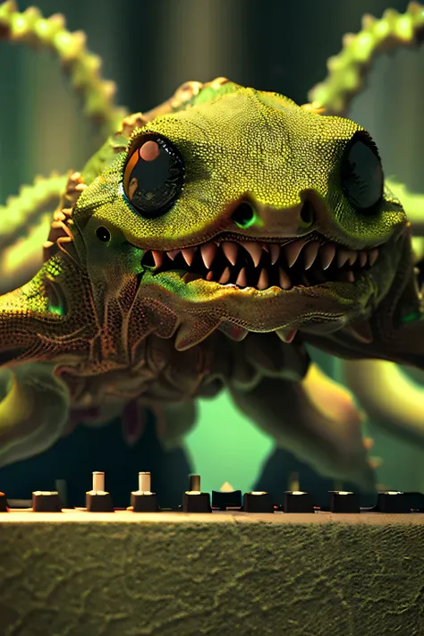 IMAGINE A MONSTER THAT IS A MIX OF REPTILE WITH OCTOPUS AND SYNTHESIZER, THE MONSTER IS DISGUSTING, HAS SLIME AND CHROME PARTS COMING OUT OF ITS BODY,35mm photograph, film, bokeh, professional, 4k, blend of organic and mechanical elements, futuristic, cybe...