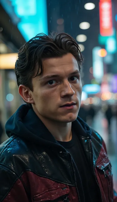 Ultra realistic 8K cinematic close-up chest-up portrait of Tom Holland standing on a rainy New York street, wearing a casual hooded jacket with raindrops visible on fabric, neon city lights reflecting softly in the wet surfaces around, hair damp from rain,...