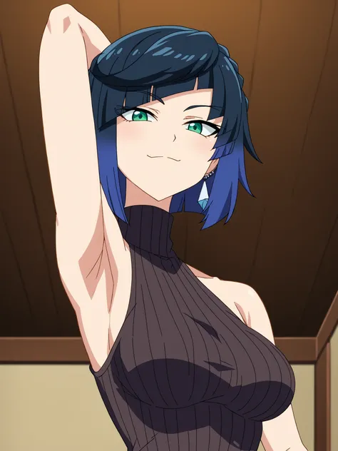 score_9, score_8_up, score_7_up, source_anime, anime screencap, 1girl, solo, yelan, black hair, blue hair, eyebrows hidden by hair, green eyes, multicolored hair, short hair, bare shoulders, bare arms, black sweater, sleeveless sweater, ribbed sweater, tur...